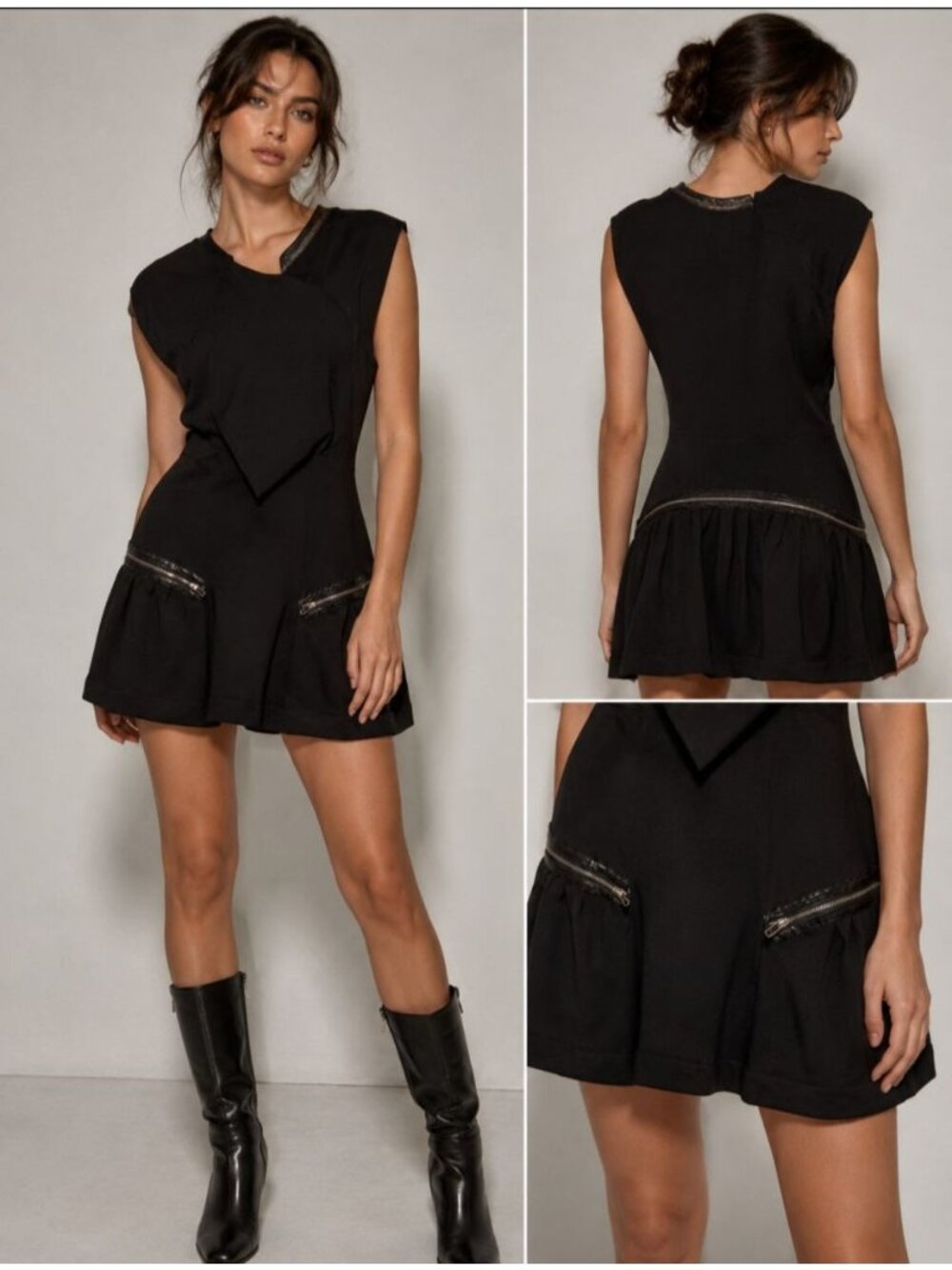 OHNE Titel Women 8/10 (44) Black Silk Mini Dress Leather Trim Moto Edgy Designer